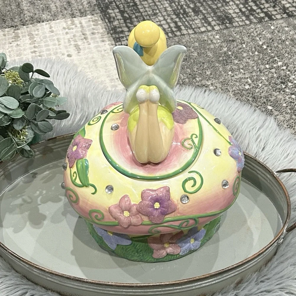Disney Tinkerbell‎ Mushroom Cookie Jar With Jewels And Flowers Read***